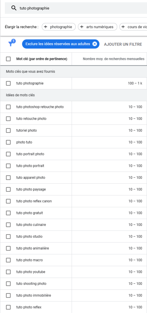 idées de mots clés avec google ads kaywordplanner