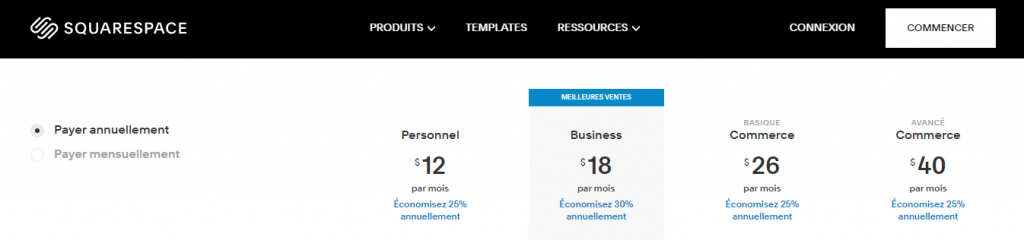 prix de la plateforme squarespace