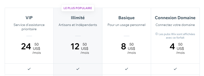 prix de la plateforme wix